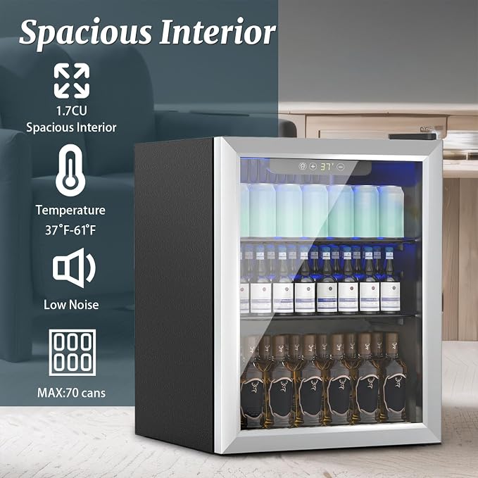 70 Can 1.7 Cu.Ft Compact Beverage Refrigerator With Glass Door | Stainless Steel Drink Cooler with Reversible Glass Door for Soda Wine Beer, Small Fridge for Home Office Bar (40℉-61℉) - Image 5