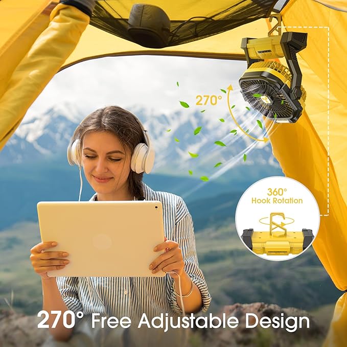 ONLYNEW Portable Fan Rechargeable, 20000mAh Cordless Battery Powered Fan with LED Lantern, USB C Battery Operated for Travel Bedroom Home Camping Tent Office Beach Desk Fishing Table (Yellow) - Image 6