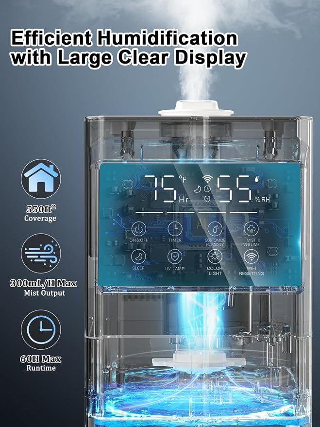 9L/2.4Gal Smart Cool Mist Humidifier, Top Fill Quiet Humidifier Large Room, Covers 550ft², App & Remote Control, 60H Runtime, 7 Colors Light, 4 Mist Modes Humidifiers for Bedroom, Office, White - Image 4