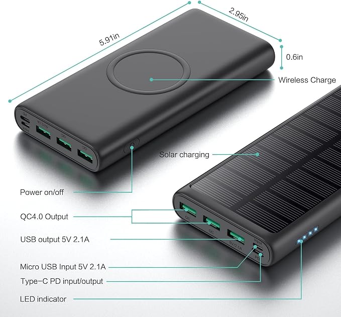 RGVOTA 5 in 1 Wireless Portable Charger Power Bank,36800mAh 5 Output Dual QC4.0 25W PD USB C Battery Pack,15W Wireless Fast Charging,IP65 Solar Charger Compatible with iPhone14,13,12 Series,iPad etc - Image 6