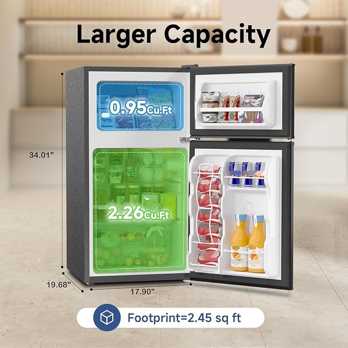3.2 CU.FT Mini Fridge with Freezer for Bedroom Office Silver | 2 Door Small Refrigerator, Quiet Compact Fridge for Home, Dorm, Apartment, Garage, RV, Adjustable Thermostat, Low Noise - Image 2