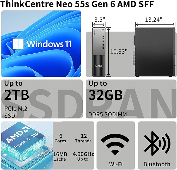 Lenovo ThinkCentre Neo 55s Business SFF Desktop, AMD Ryzen 5 220 (up to 4.9 GHz), 16GB DDR5, 1TB SSD, Support 2-Monitor 4K, HDMI, DP, Wired KB & Mouse, Wi-Fi, Win 11 Pro, 2026 Small PC, w/Bundle - Image 2