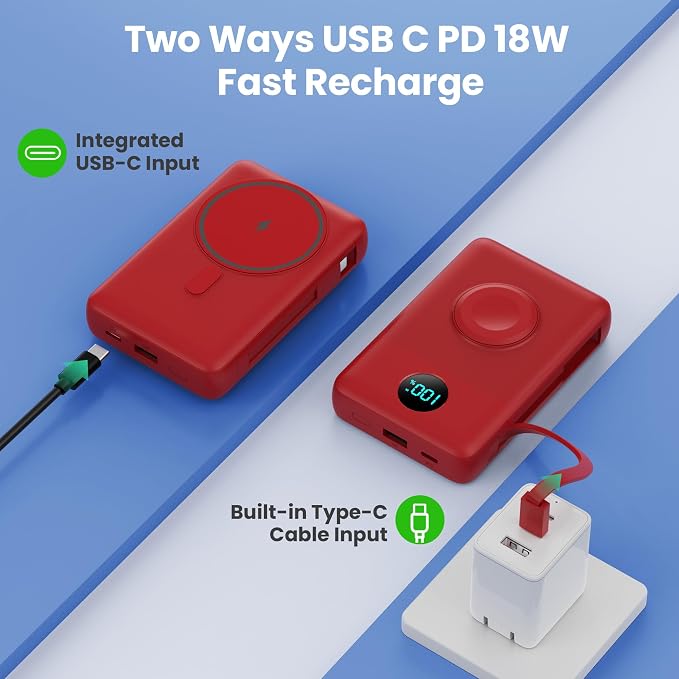 Magnetic Portable Charger for MagSafe with Built-in Cable,iWatch Charger,10800mAh Wireless Power Bank Travel Essentials,25W PD Fast Charging Battery Pack for iPhone 17/16/15/14/13/12,Apple Watch-Red - Image 7