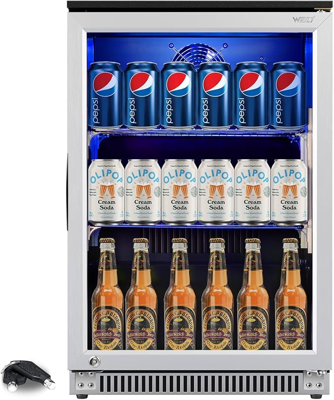 Weili 20 Inch Under Counter Beverage Refrigerator with Glass Door, 120 Can | Built-in/Freestanding, Lock, 3.2 Cu.Ft, Stainless Steel, Adjustable Shelves, Beer Soda Drink Fridge, for Home Bar Office - Image 8