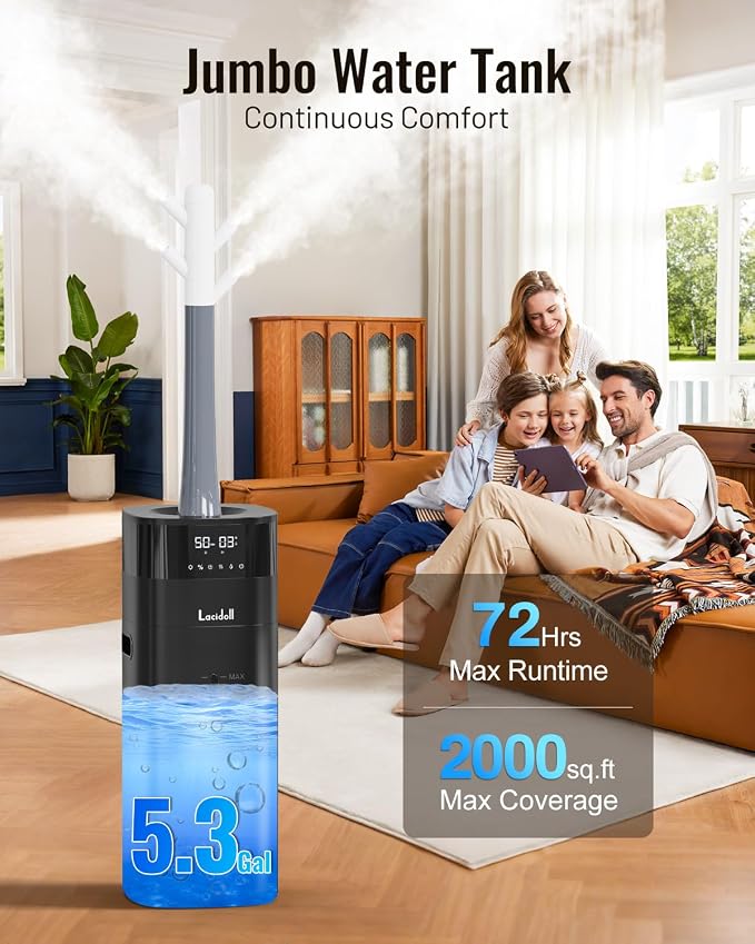 Cool and Warm Mist Humidifier Large Room, 5.3Gal/20L Humidifiers for Home 2000 sq ft, Whole House Humidifiers with Diffuser Extended Tube, Air Humidifier for Bedroom Nursery Baby Plants Black - Image 2
