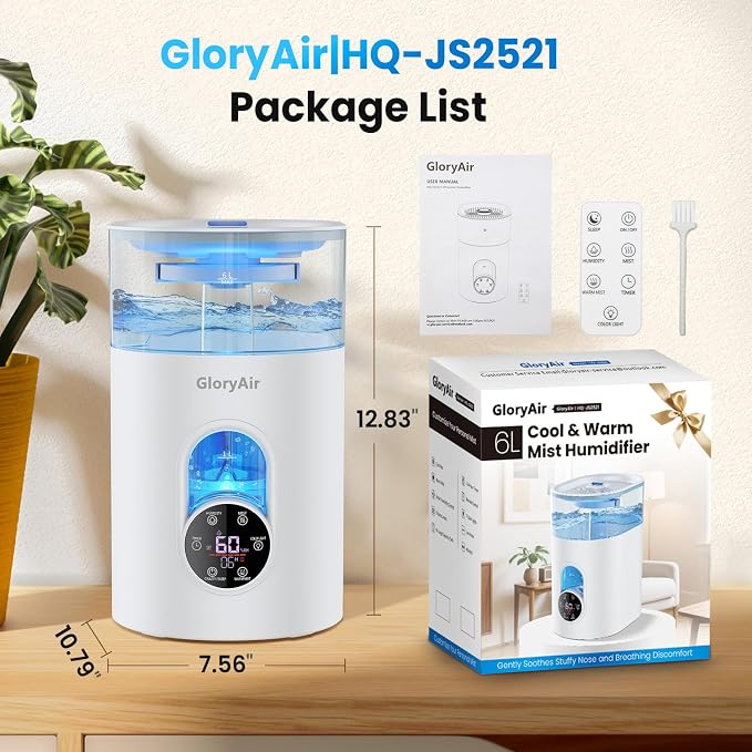 Humidifiers for Bedroom Large Room Home - GloryAir 6L Quiet Top Fill Cool & Warm Mist Humidifier with Smart Humidity Control, Remote Control, 7-Color Light, Humidistat, Oil Diffuser - Image 9