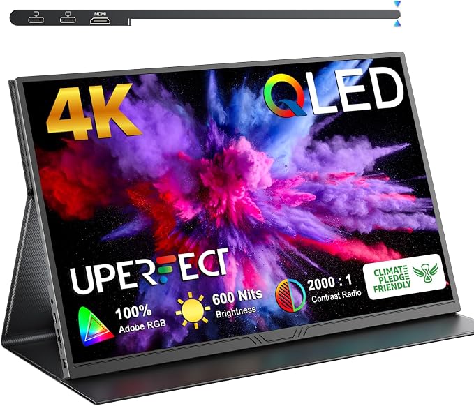 UPERFECT True 4K Portable Monitor QLED, 15.6” 600 Nits Laptop Monitor, 100% AdobeRGB, UHD 3840x2400 USB-C & MINI HDMI w/Smart Case, HDR FreeSync Eye Care, Travel Screen for Computer, PC, Game Consoles by UPERFECT