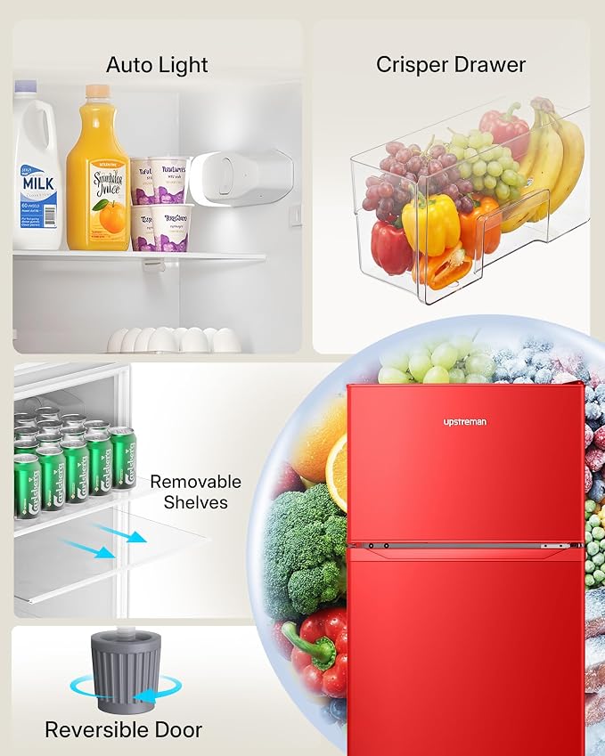 Upstreman 7.7 Cu Ft Refrigerator with Freezer Double Door Fridge | 7 Adjustable Thermostat , Reversible Door, Large Capacity Refrigerator for Apartment, Dorm, Office, Kitchen, Red (BD-75) - Image 5