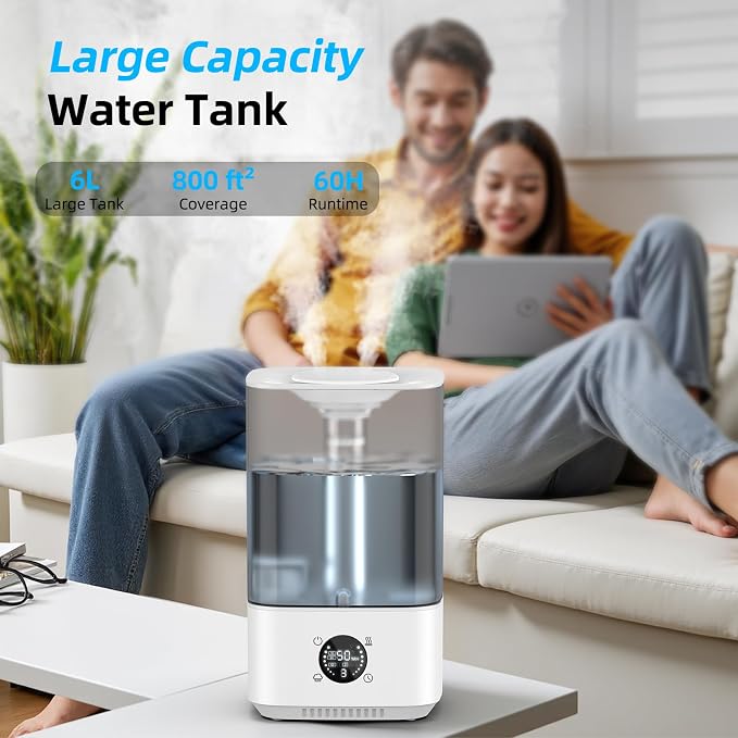 6L Humidifier for Bedroom Large Room Home, 800ft² Wide Coverage, 26dB Quiet,Easy Top Fill, Quickly & Evenly Humidify, Real-Time Humidity Monitoring and Anti-dry Burn, White - Image 2