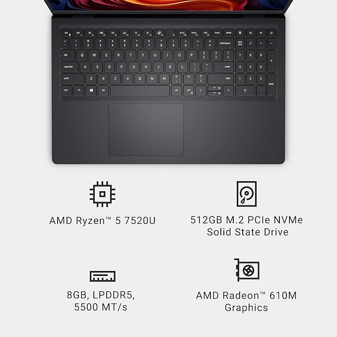 Dell 15.6 Laptop, AMD Ryzen 5 7520U with Radeon 610M, Windows 11 Home | FHD 120Hz IPS, LPDDR5, 512GB SSD, Wi‑Fi 5, Bluetooth, Carbon Black, DC15255 - Image 9