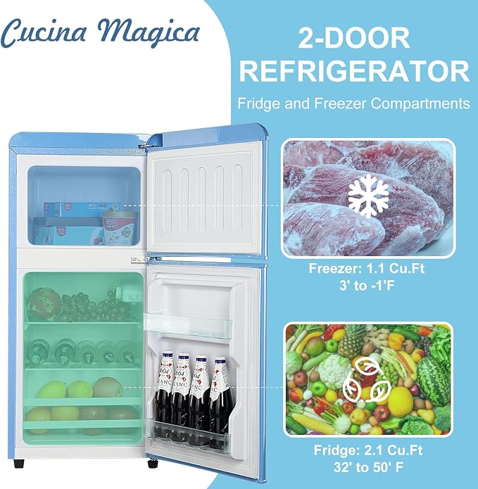 Fridge with Freezer, 3.2 Cu.Ft Retro Double Door Refrigerator with 7 Level Thermostat, Adjustable Removable Glass Shelves for Bedroom Office Apartment Dorm Bar (BLUE, 3.2 Cu.Ft.) - Image 3