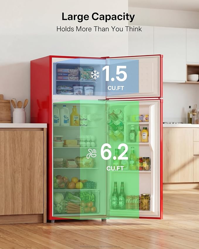 Upstreman 7.7 Cu Ft Refrigerator with Freezer Double Door Fridge | 7 Adjustable Thermostat , Reversible Door, Large Capacity Refrigerator for Apartment, Dorm, Office, Kitchen, Red (BD-75) - Image 3