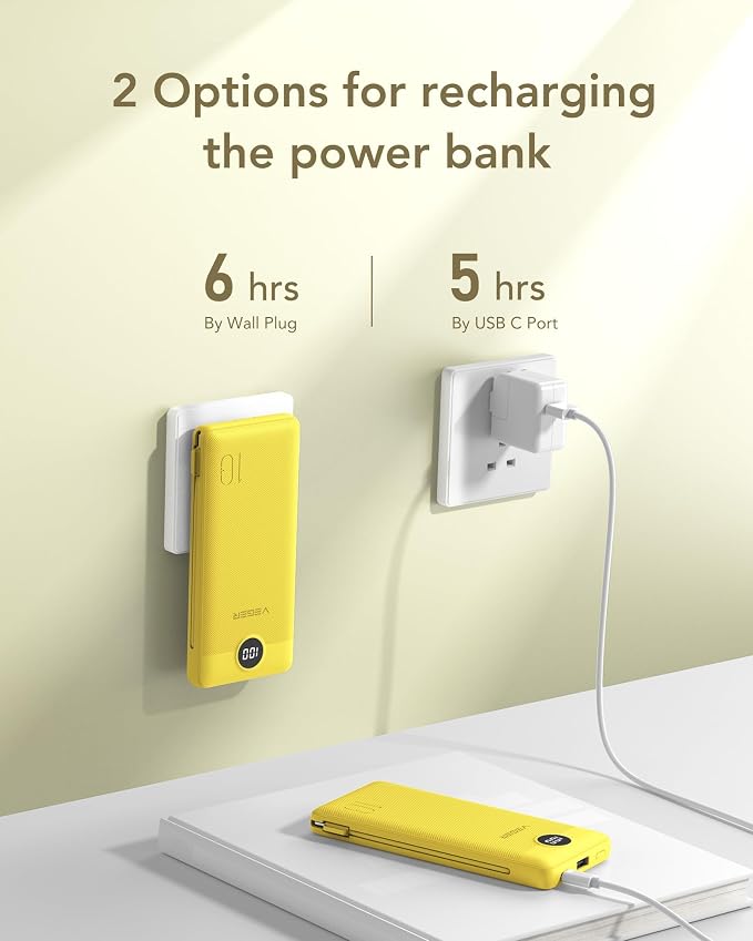 VEGER Portable Charger with Built-in AC Plug and Cables, All in One 10000mAh Ultra Slim Power Bank Travel Essentials, Fast Charging Battery Pack Compatible with iPhone, Samsung, Android (Yellow) - Image 5