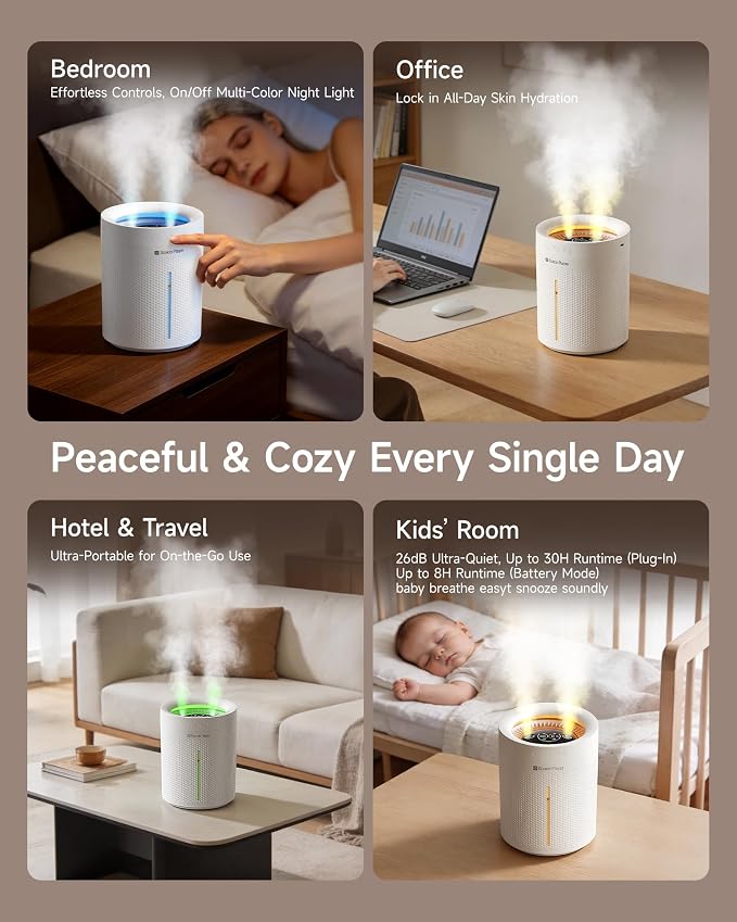 SP SpacePlayer Cordless Humidifier for Bedroom, 3L Top Fill Cool Mist Ultrasonic, 4000mAh Wireless Portable, Quiet 23dB, Auto Shut-Off, Timer, BPA Free, Easy Clean, for Baby Nursery Plants Home Office - Image 9