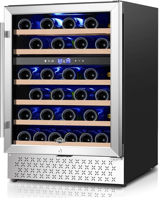 24 Inch Wine Fridge, Dual Zone 54 Bottles Wine Refrigerator, Built-In or Freestanding, Safety Lock, Double-Layer Glass Door, Adjustable Shelves, Wine Cooler Refrigerator for Home Bar Kitchen by TYLZA