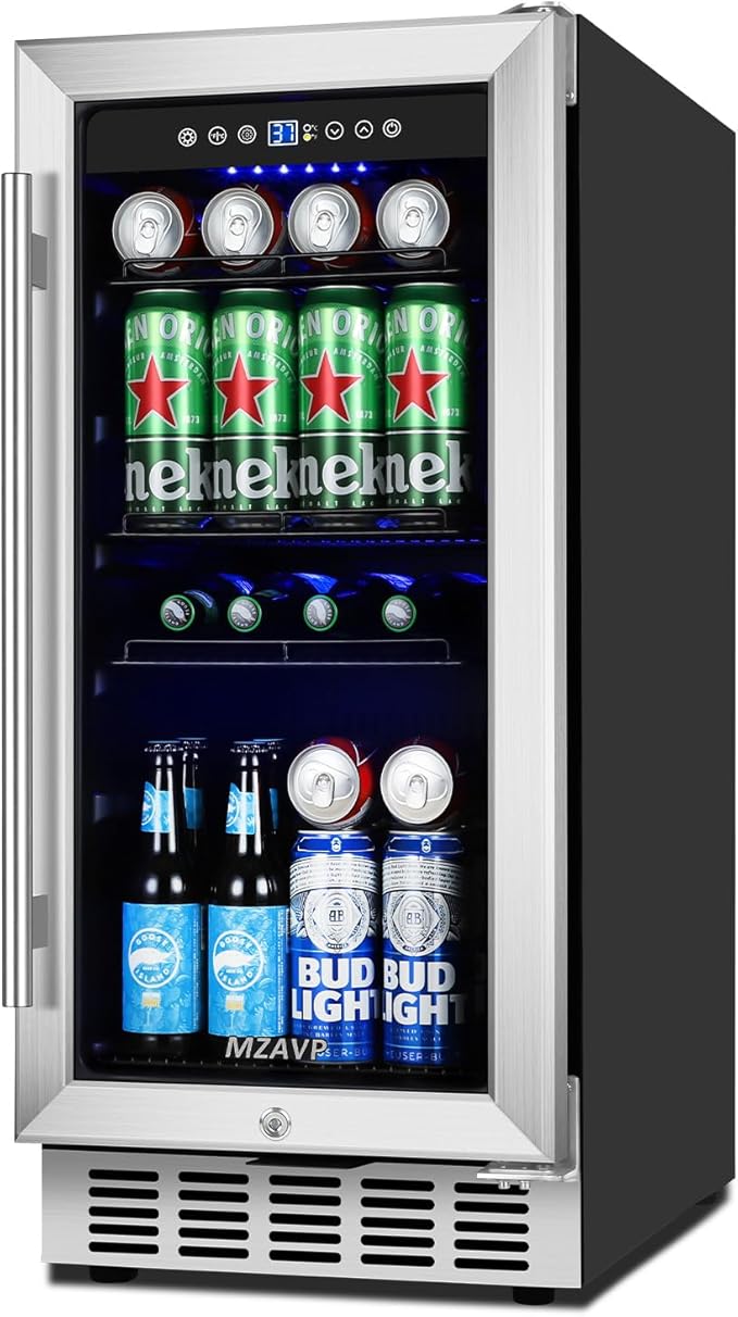 15 Inch Beverage Refrigerator Under Counter, 130 Cans Beverage Fridge Built-in or Freestanding, 15" Drink Cooler with Glass Door, Blue LED Light, Safety Lock - for Home/Kitchen(3.1 cu.ft) by MZAVP