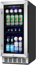 15 Inch Beverage Refrigerator Under Counter, 130 Cans Beverage Fridge Built-in or Freestanding, 15" Drink Cooler with Glass Door, Blue LED Light, Safety Lock - for Home/Kitchen(3.1 cu.ft) by MZAVP