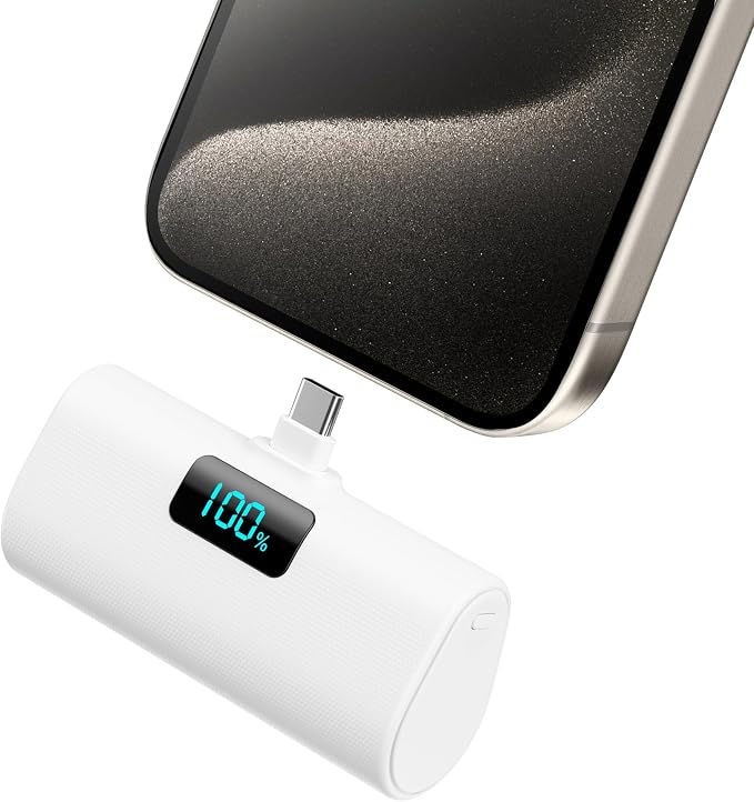 Small Portable Charger 5200mAh,Upgraded PD USB C Power Bank Built-in USB-C Connector,LCD Display Battery Pack,Compatible with iPhone 17/16/15/15 Plus/15 Pro/15 Pro Max/Galaxy Android Phone, White by HETP