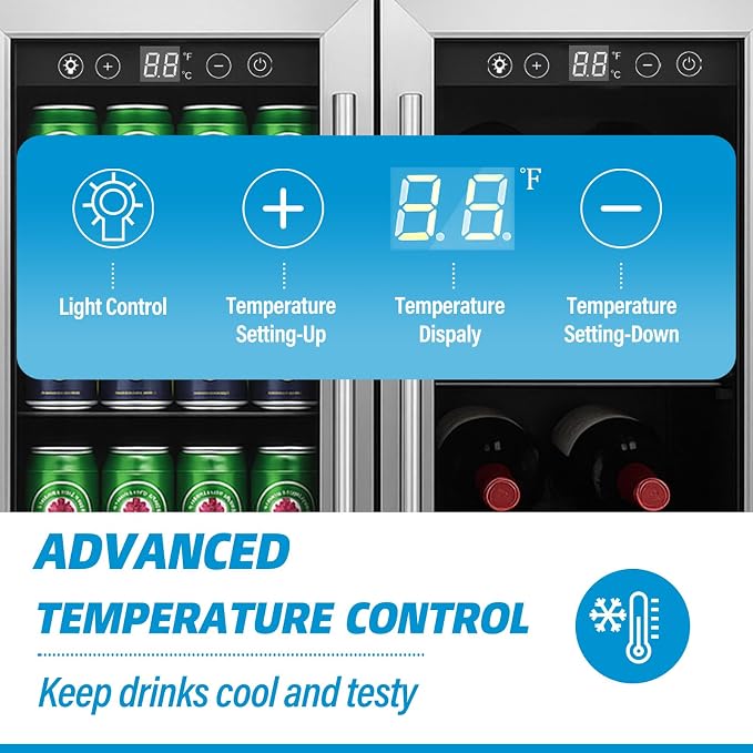 Erivess 24 inch Beverage Refrigerator Cooler, 5.4 Cubic/176 Can Large Fridge Dual Zone with Glass Front Door, Under Counter Small Refrigerator with Adjustable Shelves and Digital Display - Image 7