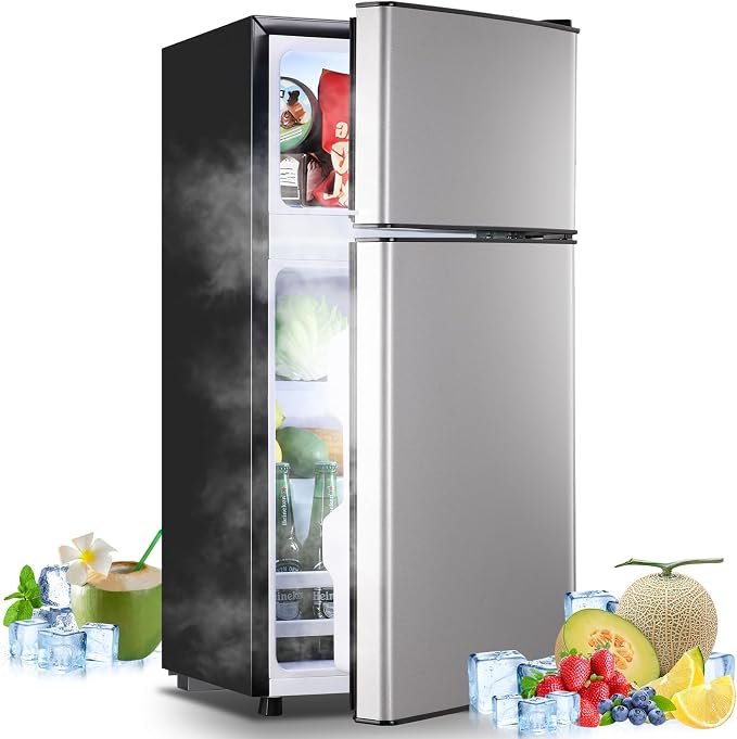 Mini Fridge 2.4 Cu.ft Mini Refrigerator with Freezer Dual Door Dorm Fridge for Personal Senven Temp Gear Suit for Apartment, Bedroom, Rv Silver by TACOOL