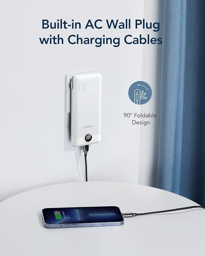 VEGER Portable Charger with Built-in AC Plug and Cables, All in One 10000mAh Ultra Slim Power Bank Travel Essentials, Fast Charging Battery Pack Compatible with iPhone, Samsung, Android (White) - Image 3