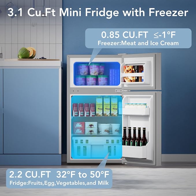 Electactic 3.2 Cu.Ft Mini Fridge with Freezer for Bedroom, Office, Grey | 2 Reversible Doors, Adjustable Thermostat & Removable Glass Shelves, Energy Saving, Compact Small Refrigerator for Apartment - Image 2