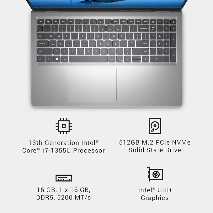 Dell 15.6 Laptop, FHD, Intel Core i7 1355U, 16GB RAM, Windows 11 Home | 250 nits Anti-Glare IPS, Intel UHD Graphics, DDR5, 512GB SSD, Backlit Keyboard, Wi-Fi 6, Business Ready, DC15250 - Image 10
