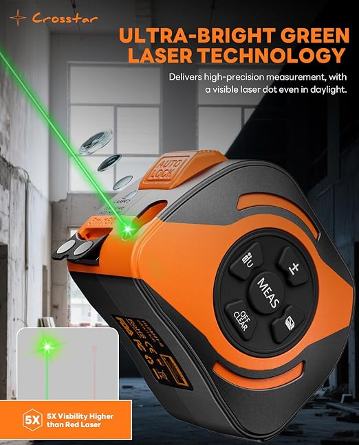 Crosstar 2-in-1 Laser Tape Measure 197ft, 532nm Green Beam, 16ft Manual Tape - Image 2