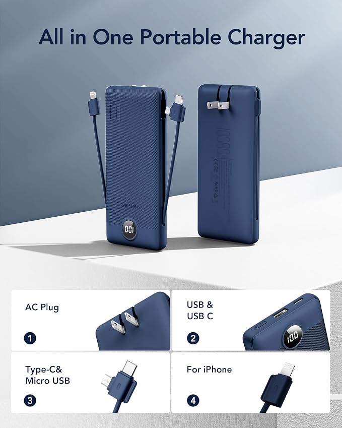 VEGER Portable Charger with Built-in AC Plug and Cables, All in One 10000mAh Ultra Slim Power Bank Travel Essentials, Fast Charging Battery Pack Compatible with iPhone, Samsung, Android (Navy) - Image 2