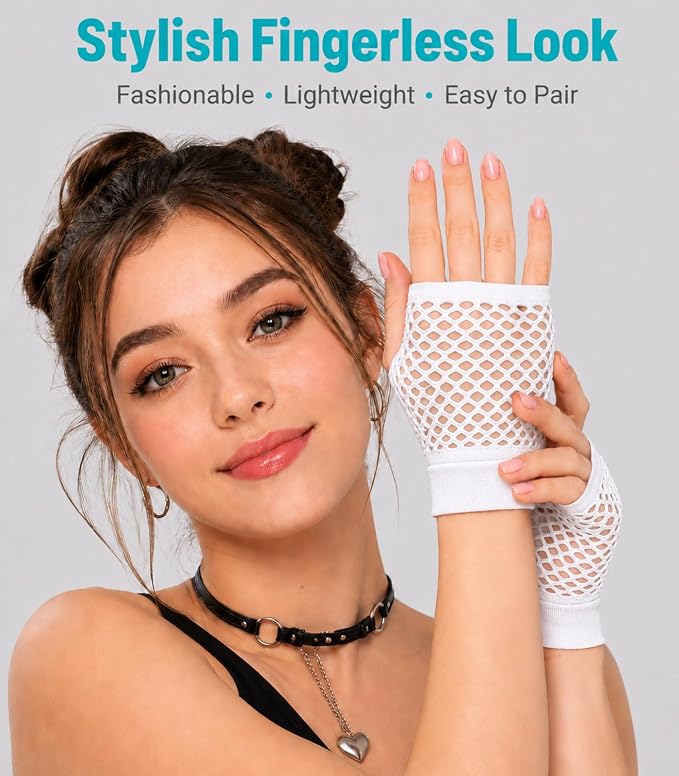 Seeksmile Women's Girls 80's Theme Party Emo Fingerless Arm Fishnet Gloves - Image 3