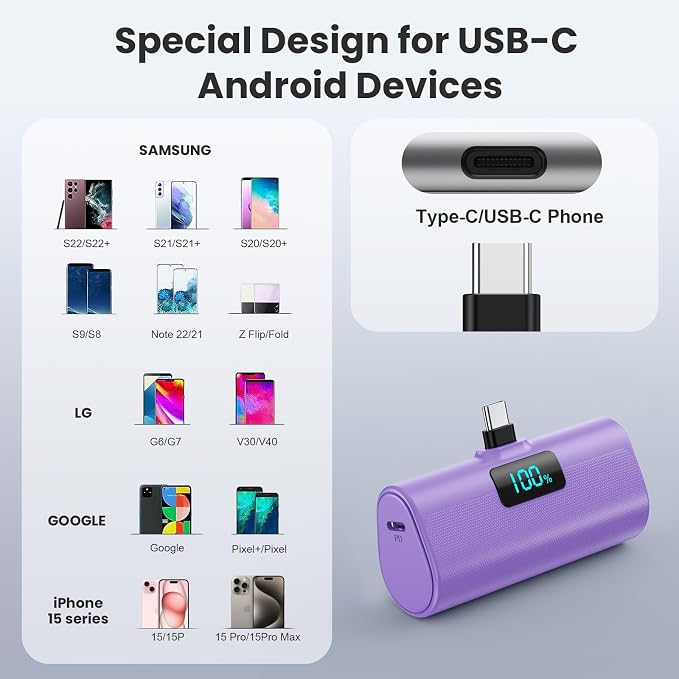 [2-Pack]Small Portable Charger 5200mAh, Upgraded PD USB C Power Bank Built-in USB-C Connector,LCD Display Battery Pack Compatible with iPhone 15/15 Plus/15 Pro/15 Pro Max/Samsung Android(Black+Purple) - Image 3