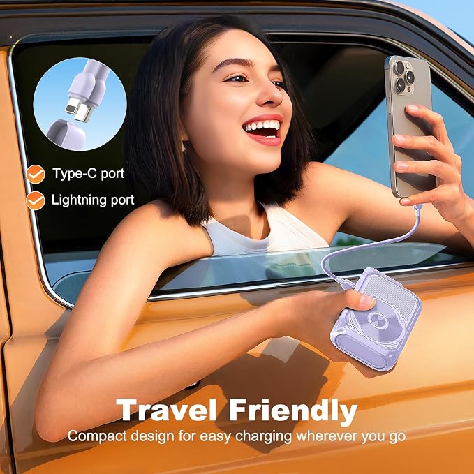 SEANCHEER P05 Portable Charger, Magnetic Power Bank, Small PowerBank, Battery Pack10000mAh Travel Essentials Fast Charging with Built in Cable, Foldable Wall Plug for iPhone,Samsung,Andriod (Purple) - Image 5