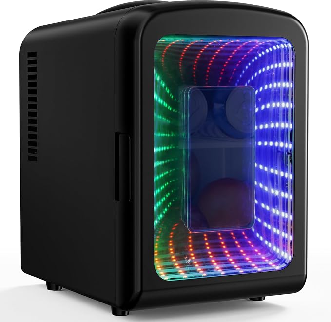Antarctic Star Mini Compact Refrigerator with Gaming Light, 4L Capacity/6 Cans Portable Mini Fridge, for Bedroom,Car,Office and Dorm, Small Cooler for Cosmetics, Beverage and Food, Black by AntarcticStar