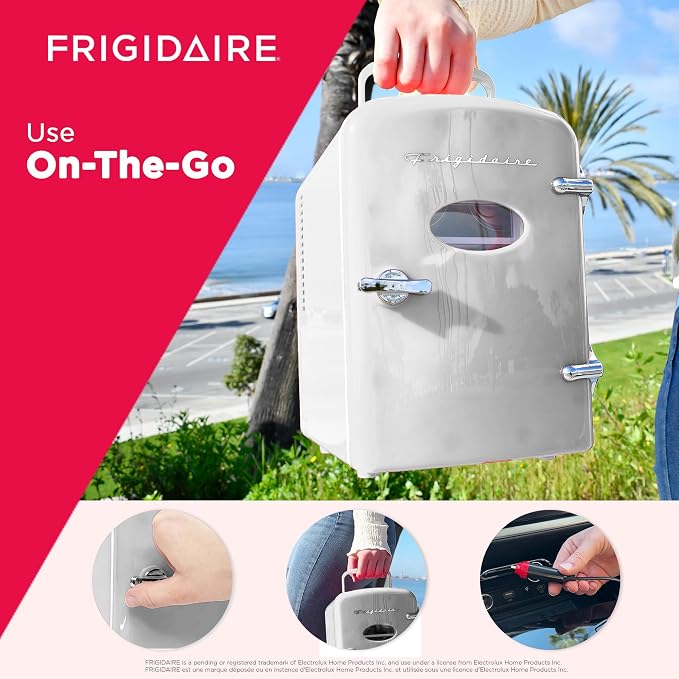 Frigidaire Retro Mini Personal Fridge Cooler, Holds Up to 6 Cans (1 Gal), Portable & Compact, AC Plug & 12V Car Charger (Moonlight) - Image 4