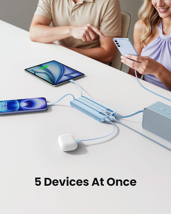 10000mAh Portable Charger, Slim Power Bank with Built-in Cables, Battery Pack 5 Outputs 2 Inputs LED Display Compatible with iPhone/Android & More (Blue) - Image 3