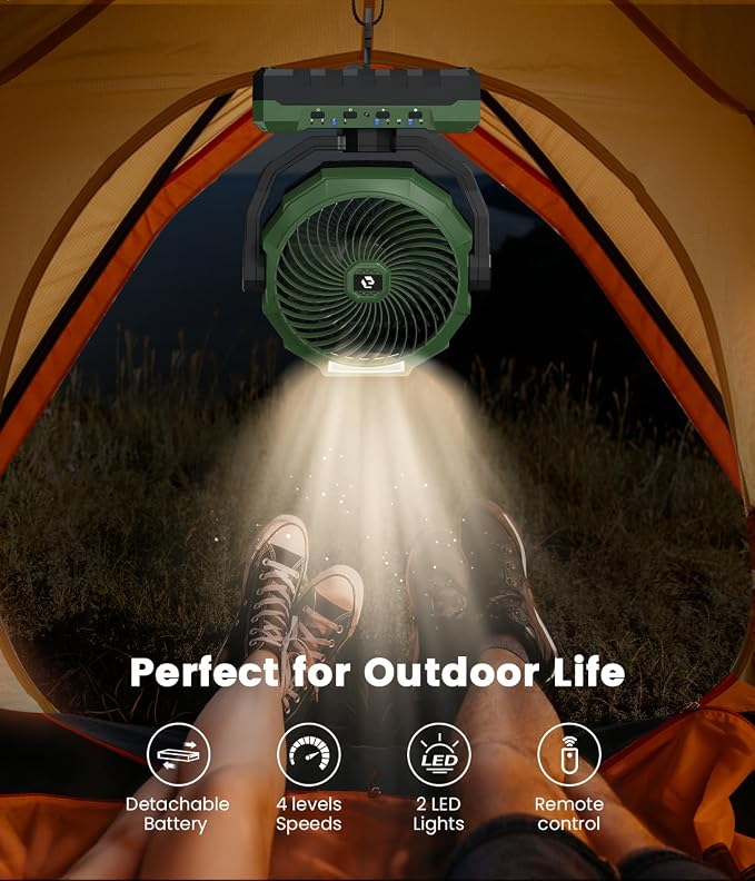 36000mAh Portable Camping Fan - 120HRS Rechargeable Fan with Detachable Battery with LED - 4 Speeds Battery Powered for Tent,Travel, Office, Jobsite, Green - Image 6