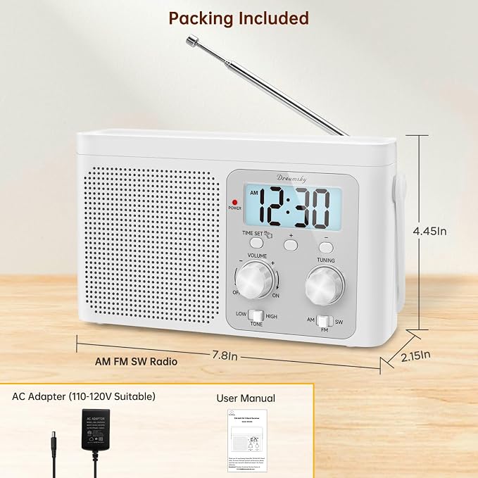 DreamSky AM FM Radio Portable - Shortwave Radio Battery Powered or Plug in Wall for Home Outdoor, Strong Reception, Large Dial Easy to Use, Digital Time Display, Transistor Antenna, Seniors Small Gift - Image 7