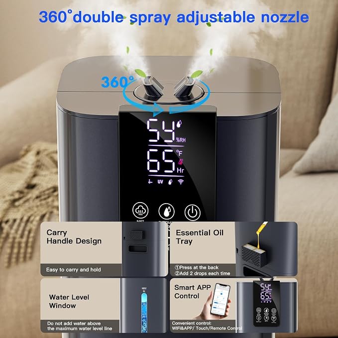 Smart Humidifiers Large Room Bedroom Home, 2.11Gal(8L) Quiet Top Fill Cool Mist Humidifier, Smart App & Remote Control, 3 Speed Humidifier with 360° Nozzle, Humidity Setting for Baby Office(Blue) - Image 6