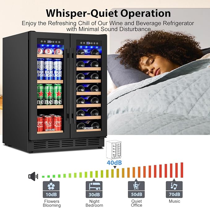 24" Dual Zone Wine & Beverage Refrigerator – Under Counter Cooler with Upgraded Cooling & Blue LED Light, Hold 20 Bottles and 88 Cans Large Capacity Wine Fridge, Built-In or Freestanding – Black - Image 4