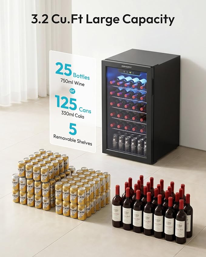 EUHOMY Beverage Refrigerator Cooler, 125 Can Mini Fridge with Glass Door for Soda Beer or Wine, Beverage Cooler for Home, Office, Bar with Removable Shelves, Black - Image 3
