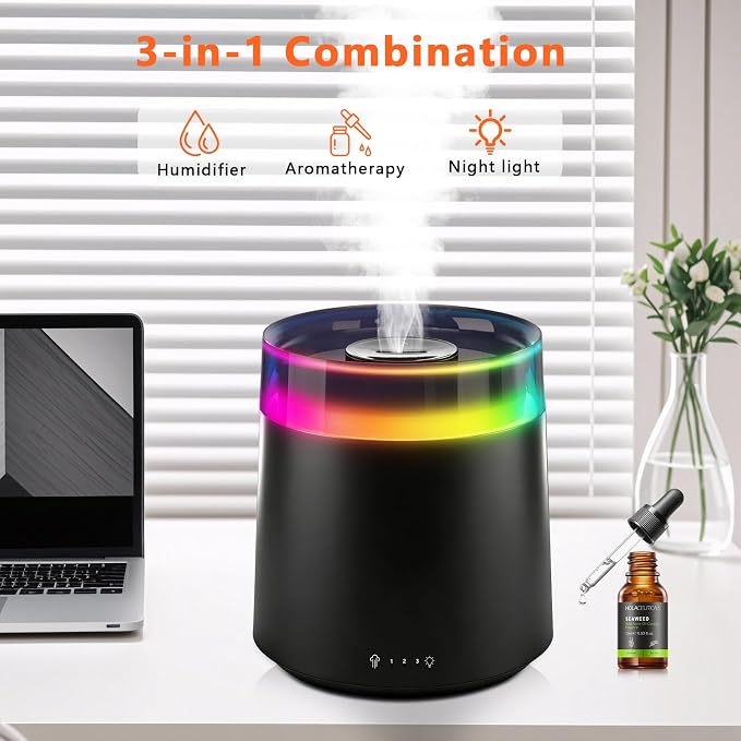 Humidifiers for Bedroom Home,3L Top Fill Cool Mist Humidifier for Baby Nursery,Essential Oil Diffuser for Large Room,3 in 1 Quiet Ultrasonic Humidifier for,Office,Plant,Nursery,BPA FREE(Black) - Image 5