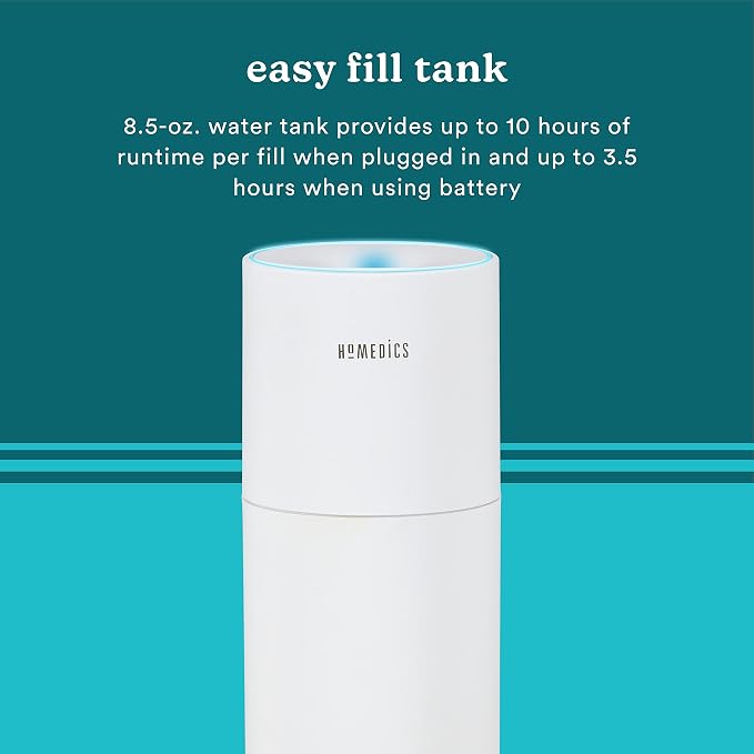 Homedics Portable Humidifier - Small Air Humidifiers for Bedroom, Plants, Office, Travel - Cool Mist Humidifiers, Color-Changing Accent Light, 2 Mist Settings, White - Image 3