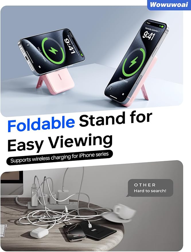 for Magsafe Portable Charger, 10000mAh Wireless Power Bank with Stand, USB C PD 20W Fast Charging Powerbank, Magnetic Battery Pack Compatible for iPhone 17/16/15/14/13/12 Series - Pink - Image 6