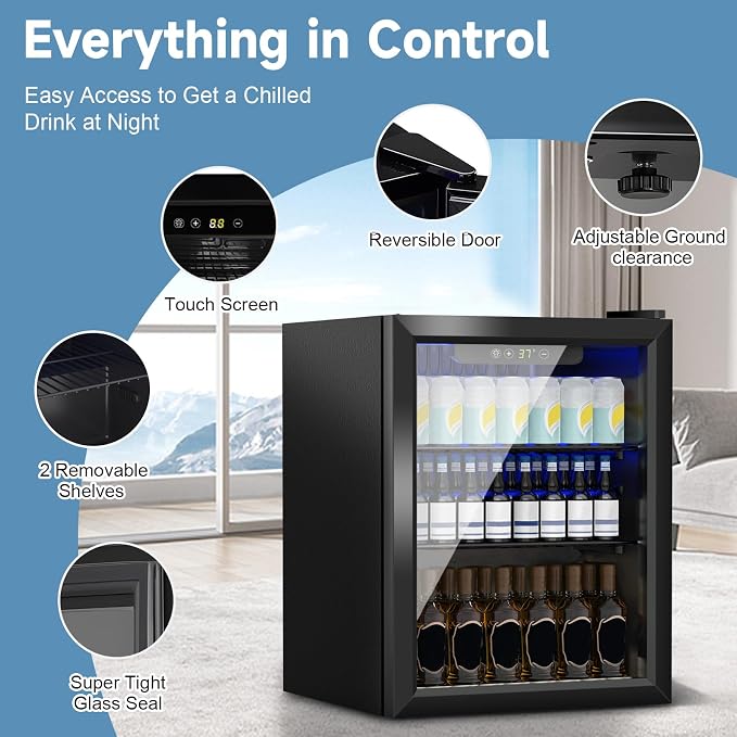 Stopasd Compact Beverage Refrigerator, 1.6 Cu.Ft/70 Can Drink Fridge, with Glass Door, Adjustable Shelves & Digital Display, Quiet Undercounter Small Fridge for Home/Office/Bar/Garage, Black - Image 2