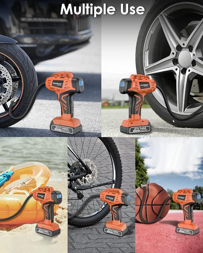 KeenPower Tire Inflator Air Compressor, 21V Cordless Car Tire Pump with Rechargeable Li-ion Battery, 12V Car Power Adapter, Digital Pressure Gauge, Suitable for Cars E-bikes Balls Motorcycles - Image 8