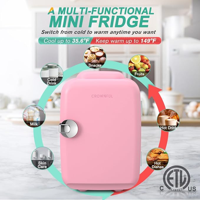 CROWNFUL Mini Fridge, 4 Liter/6 Can Portable Cooler and Warmer Personal Refrigerator for Skin Care, Cosmetics, Beverage, Food,Great for Bedroom, Office, Car, Dorm, ETL Listed (Pink) - Image 3