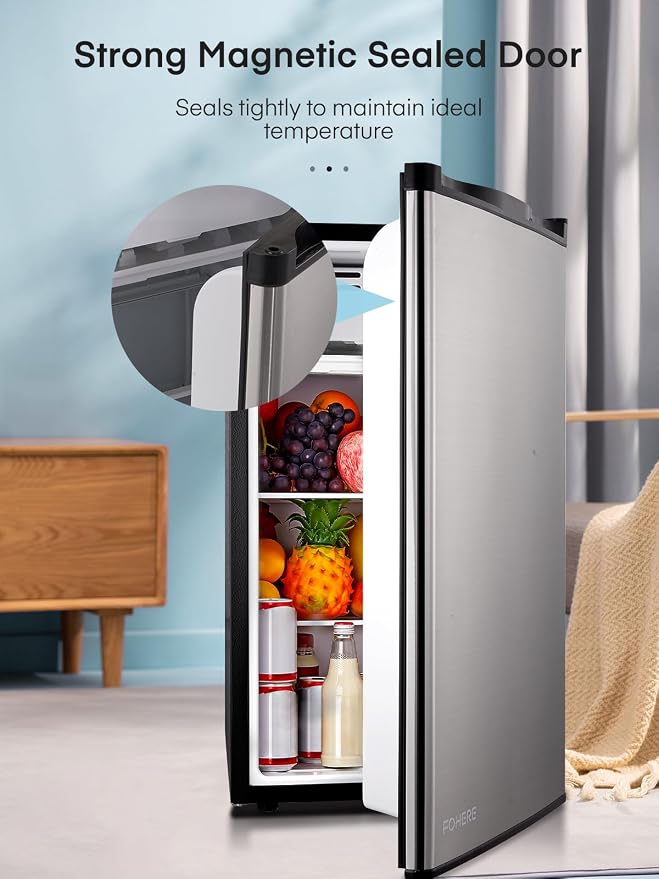 FOHERE 3.2 Cu. Ft Small Refrigerator with Freezer, Compact Mini Fridge with 7 Level Temperature Control, Removable Glass Shelves for Bedroom, Office, Dorm, Stainless Steel, BC-90U-E - Image 6