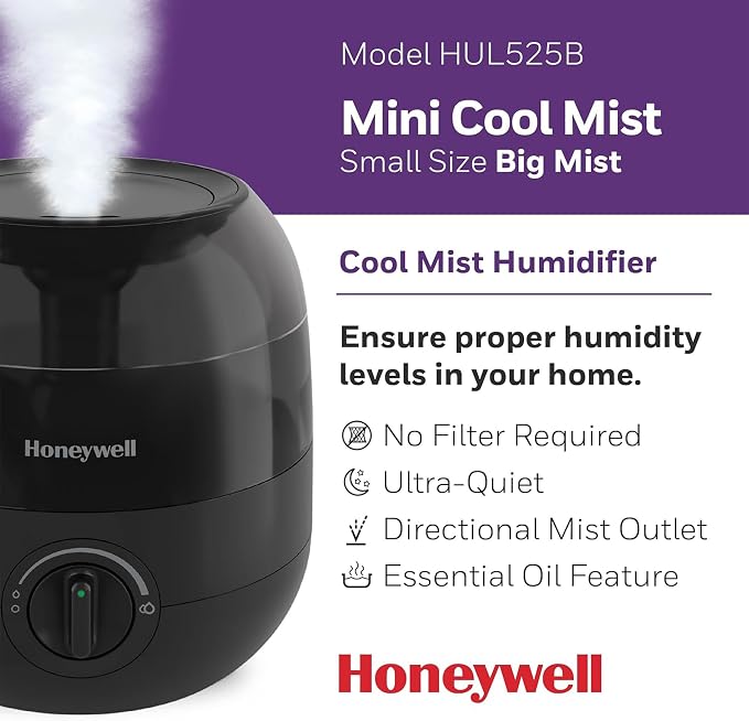 Honeywell Mini Cool Mist humidifier, Easy to Fill and Clean, humidifier for small Bedroom, Kids Rooms, or office. Ultra Quiet Operation and Auto Shut-Off - Black, HUL525B - Image 2