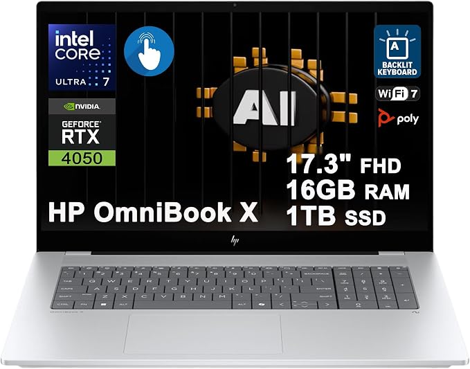 HP OmniBook X AI Laptop 17.3" FHD Touch Intel 8-core Ultra 7 256V 47 AI Tops 16GB RAM 1TB SSD GeForce RTX 4050 Thunderbolt Backlit Wi-Fi7 for Creator Designer Business Professional Win11 ICP Hub by HP