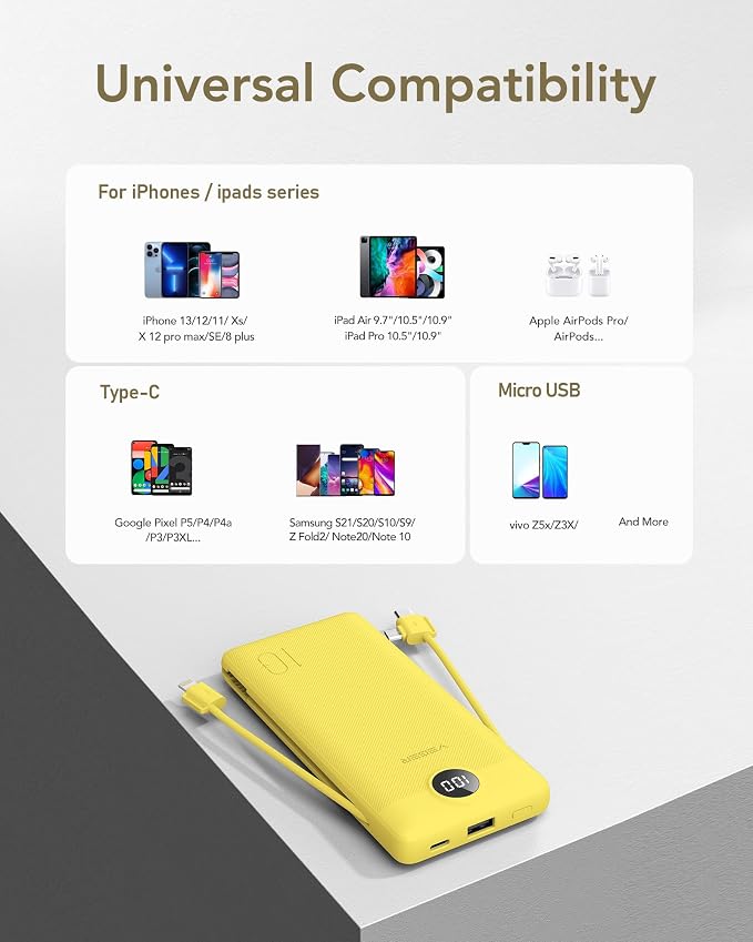 VEGER Portable Charger with Built-in AC Plug and Cables, All in One 10000mAh Ultra Slim Power Bank Travel Essentials, Fast Charging Battery Pack Compatible with iPhone, Samsung, Android (Yellow) - Image 6